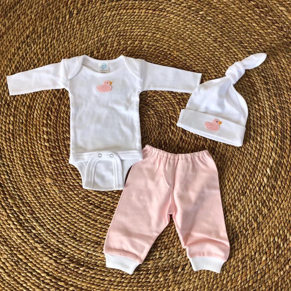 NWT 6 Mo Tiny Bundles 3Pc‎ Pink Duck Hat Bodysuit Pants Infant Baby Girl Ducks